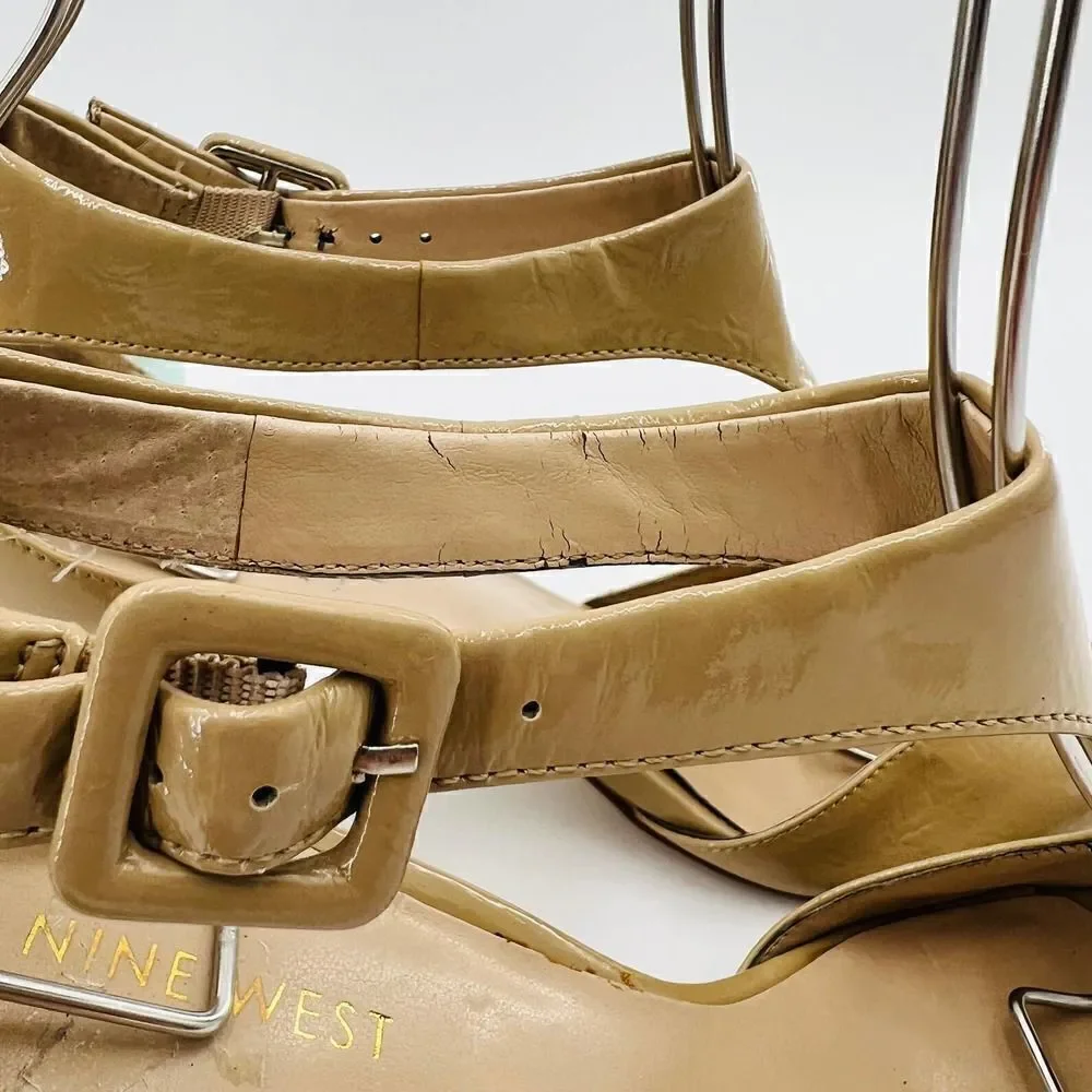 Nine West Nude Patent Leather T Strap Peep Toe Heels Sandals Size 8.5